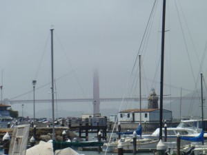 San Francisco Marina, Golden Gate Bridge, fog.  Taken from Alioto's.  May 20, 2011 6:00pm