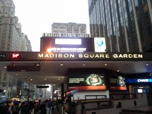 Madison Square Garden the day after Sandy.  The first line of the marquis reads, 'DUE TO HURRICANE SANDY."